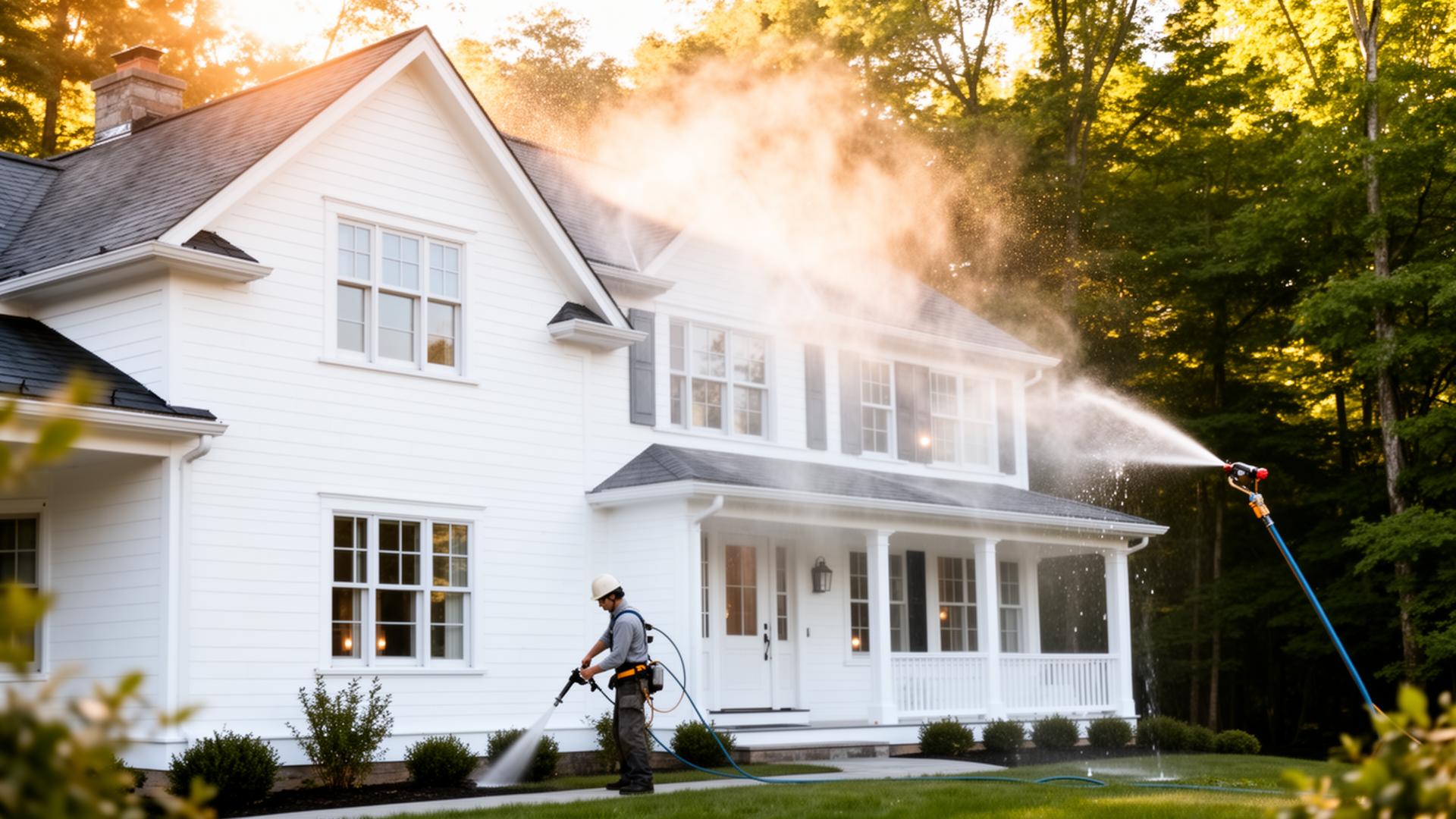 Professional exterior cleaning of a bright white Hudson Valley home